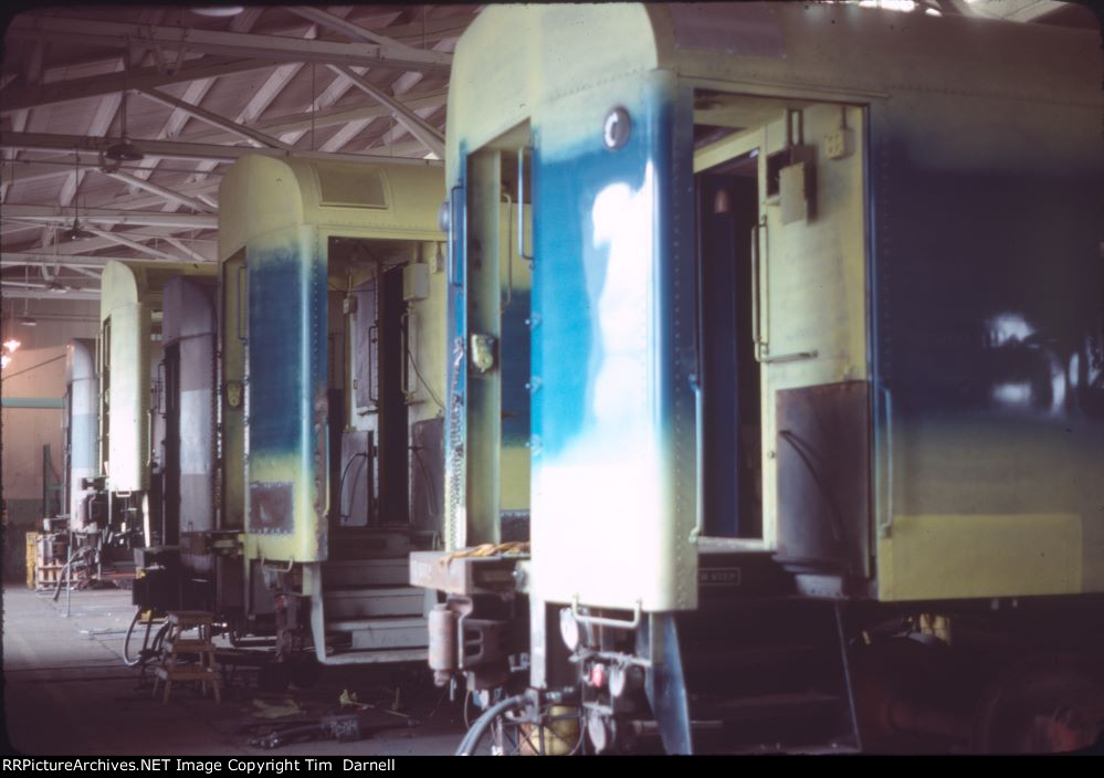 LIRR coach & paint shops, P72s getting repairs, painting.